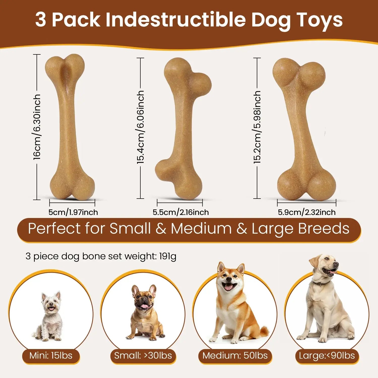 3 Pack Dog Chew Toys for Aggressive Chewers, Tough Nylon Dog Toys for Strong Chewers, Durable Chew Bones Made with Natural Tapioca Starch, Teeth Cleaning Dental Toys, Interactive Puppy Toys for Boredom Relief