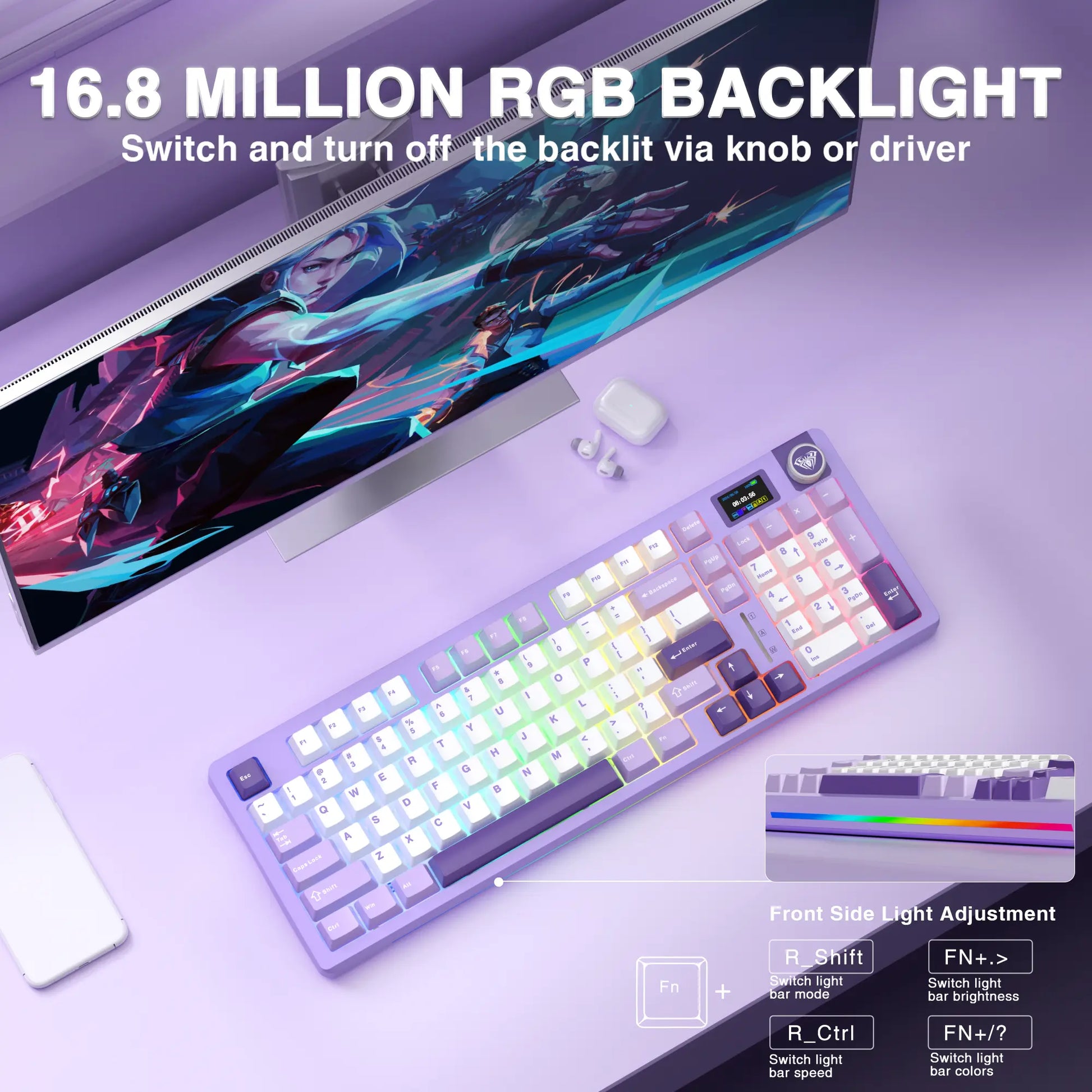 [New]Aula S98 Pro White Purple Aesthetic Wireless Mechanical Gaming Keyboard, Smart LCD Screen & Knob, Number Pad Creamy Thocky Sound, RGB Backlight, Hot Swappable Tri-Mode USB-C Connection PBT Keycaps, Creamy Keyboard Multi-Device Keyboard
