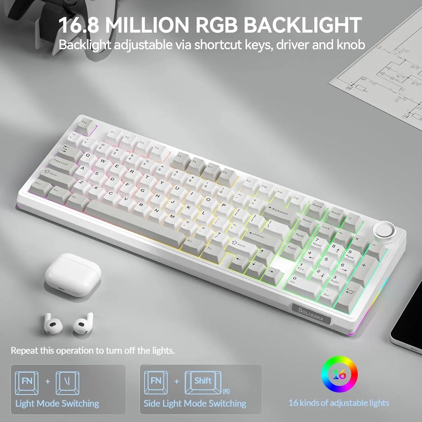 SOLAKAKA KI99 Pro Quiet Illuminated Mechanical Gaming Keyboard - 96% Hot Swappable Gasket Design, Silent Switches, Quick Wireless Connection, Creamy PBT Color-Changing Keycaps, Customizable White Grey PC Accessory, RGB Lights, Long-Lasting Batteries