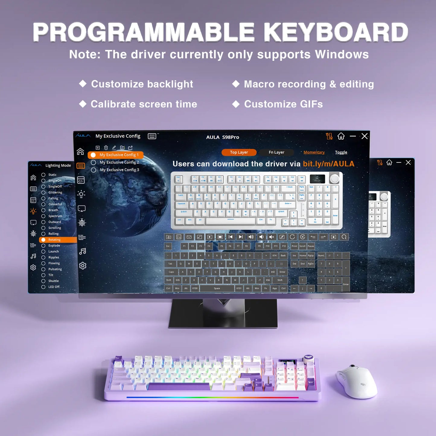 [New]Aula S98 Pro White Purple Aesthetic Wireless Mechanical Gaming Keyboard, Smart LCD Screen & Knob, Number Pad Creamy Thocky Sound, RGB Backlight, Hot Swappable Tri-Mode USB-C Connection PBT Keycaps, Creamy Keyboard Multi-Device Keyboard
