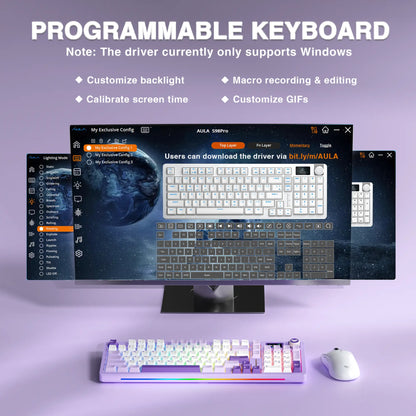 [New]Aula S98 Pro White Purple Aesthetic Wireless Mechanical Gaming Keyboard, Smart LCD Screen & Knob, Number Pad Creamy Thocky Sound, RGB Backlight, Hot Swappable Tri-Mode USB-C Connection PBT Keycaps, Creamy Keyboard Multi-Device Keyboard