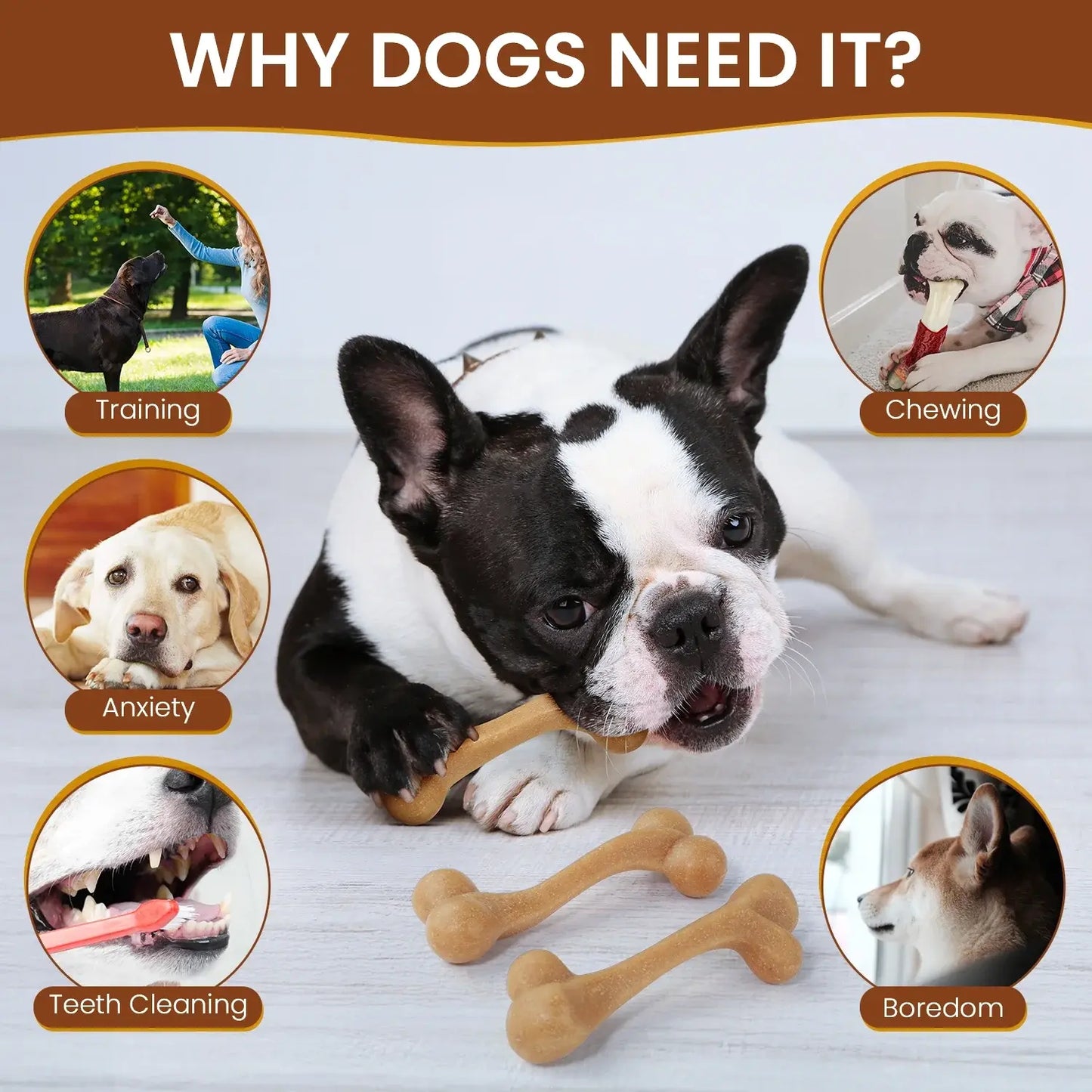 3 Pack Dog Chew Toys for Aggressive Chewers, Tough Nylon Dog Toys for Strong Chewers, Durable Chew Bones Made with Natural Tapioca Starch, Teeth Cleaning Dental Toys, Interactive Puppy Toys for Boredom Relief