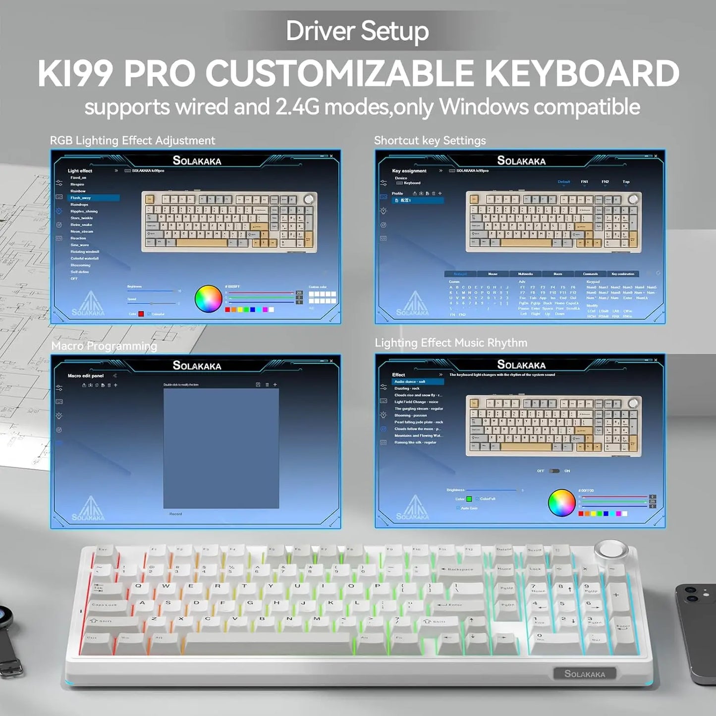 SOLAKAKA KI99 Pro Quiet Illuminated Mechanical Gaming Keyboard - 96% Hot Swappable Gasket Design, Silent Switches, Quick Wireless Connection, Creamy PBT Color-Changing Keycaps, Customizable White Grey PC Accessory, RGB Lights, Long-Lasting Batteries
