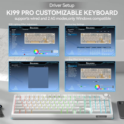 SOLAKAKA KI99 Pro Quiet Illuminated Mechanical Gaming Keyboard - 96% Hot Swappable Gasket Design, Silent Switches, Quick Wireless Connection, Creamy PBT Color-Changing Keycaps, Customizable White Grey PC Accessory, RGB Lights, Long-Lasting Batteries