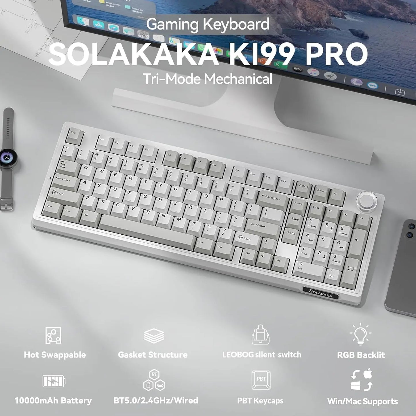 SOLAKAKA KI99 Pro Quiet Illuminated Mechanical Gaming Keyboard - 96% Hot Swappable Gasket Design, Silent Switches, Quick Wireless Connection, Creamy PBT Color-Changing Keycaps, Customizable White Grey PC Accessory, RGB Lights, Long-Lasting Batteries