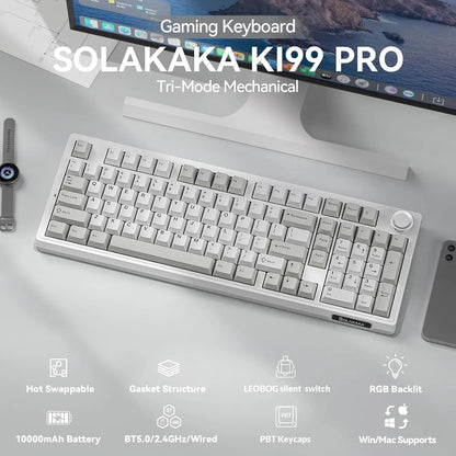 SOLAKAKA KI99 Pro Quiet Illuminated Mechanical Gaming Keyboard - 96% Hot Swappable Gasket Design, Silent Switches, Quick Wireless Connection, Creamy PBT Color-Changing Keycaps, Customizable White Grey PC Accessory, RGB Lights, Long-Lasting Batteries