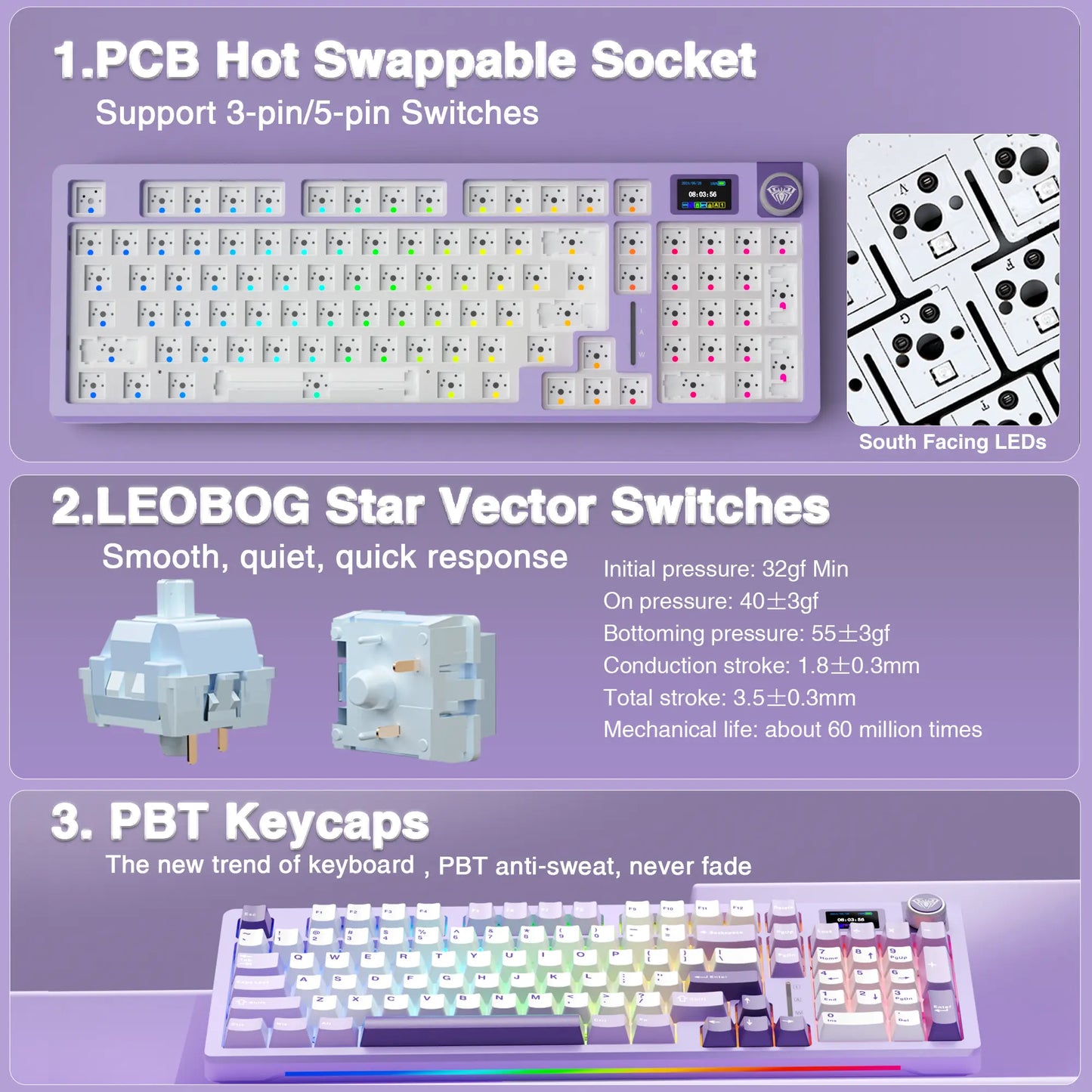 [New]Aula S98 Pro White Purple Aesthetic Wireless Mechanical Gaming Keyboard, Smart LCD Screen & Knob, Number Pad Creamy Thocky Sound, RGB Backlight, Hot Swappable Tri-Mode USB-C Connection PBT Keycaps, Creamy Keyboard Multi-Device Keyboard