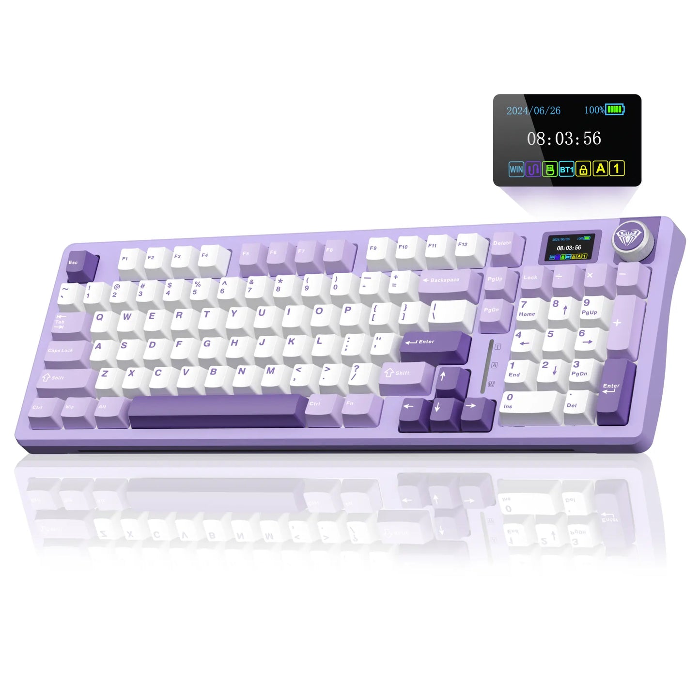 [New]Aula S98 Pro White Purple Aesthetic Wireless Mechanical Gaming Keyboard, Smart LCD Screen & Knob, Number Pad Creamy Thocky Sound, RGB Backlight, Hot Swappable Tri-Mode USB-C Connection PBT Keycaps, Creamy Keyboard Multi-Device Keyboard