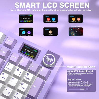 [New]Aula S98 Pro White Purple Aesthetic Wireless Mechanical Gaming Keyboard, Smart LCD Screen & Knob, Number Pad Creamy Thocky Sound, RGB Backlight, Hot Swappable Tri-Mode USB-C Connection PBT Keycaps, Creamy Keyboard Multi-Device Keyboard