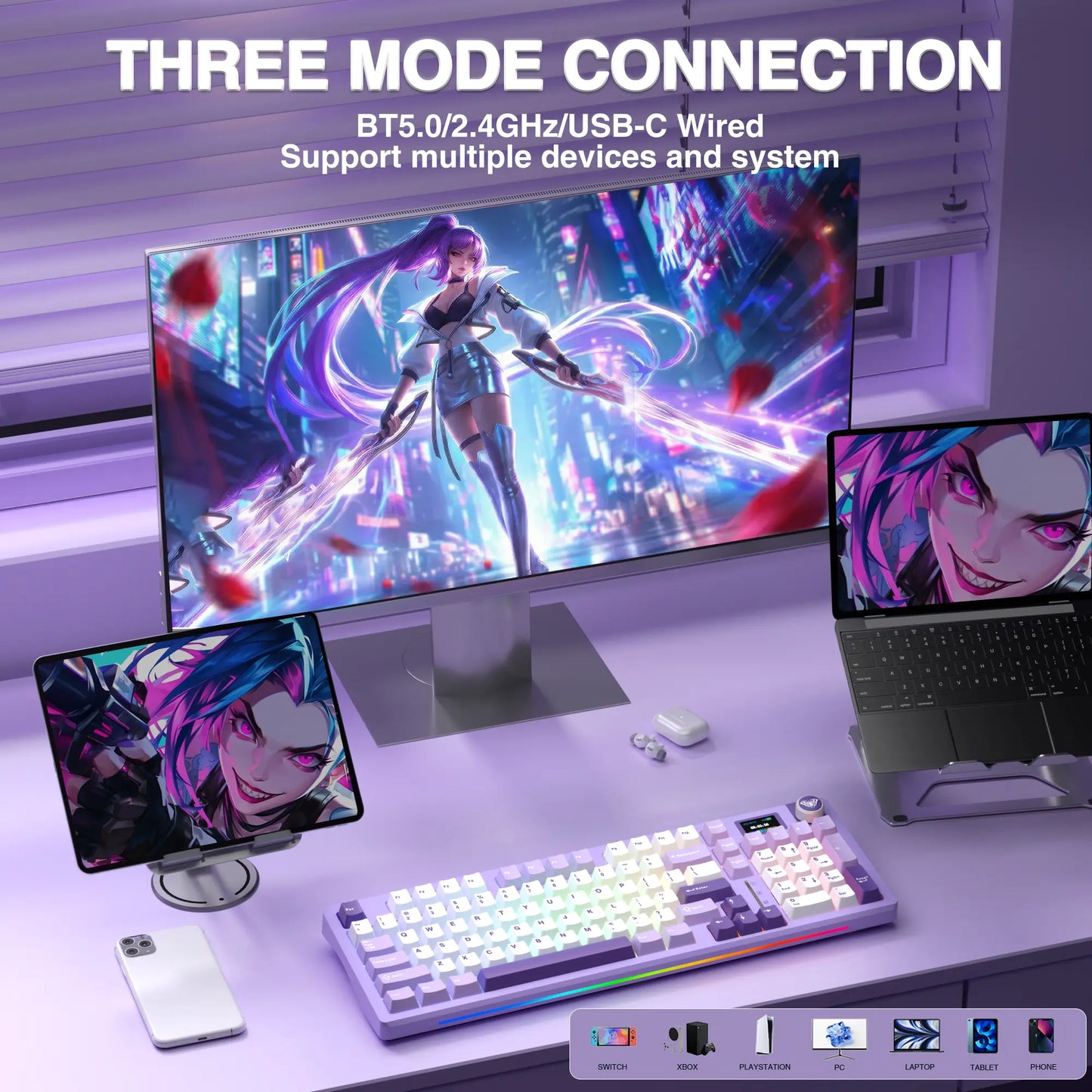 [New]Aula S98 Pro White Purple Aesthetic Wireless Mechanical Gaming Keyboard, Smart LCD Screen & Knob, Number Pad Creamy Thocky Sound, RGB Backlight, Hot Swappable Tri-Mode USB-C Connection PBT Keycaps, Creamy Keyboard Multi-Device Keyboard