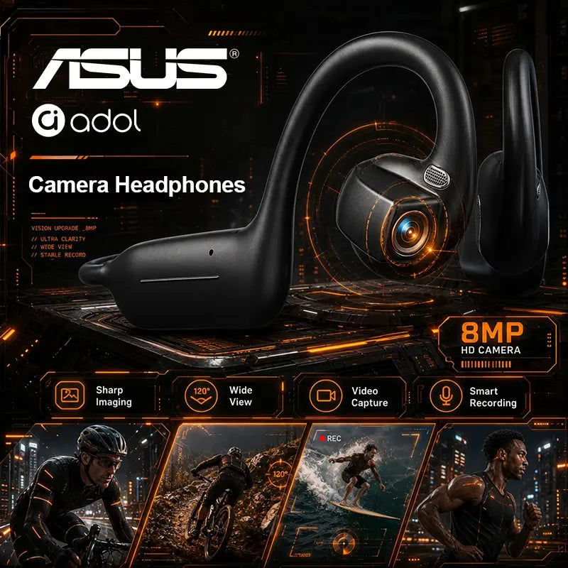 ASUS Adol OWS-G206 On-Ear Wireless Bluetooth Headset - Audio Device with 8MP EIS Stabilized Camera, First-Person Perspective, Waterproof Headphones